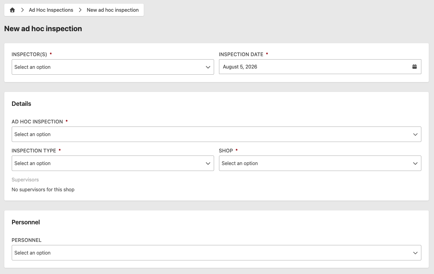 Add ad hoc inspection form