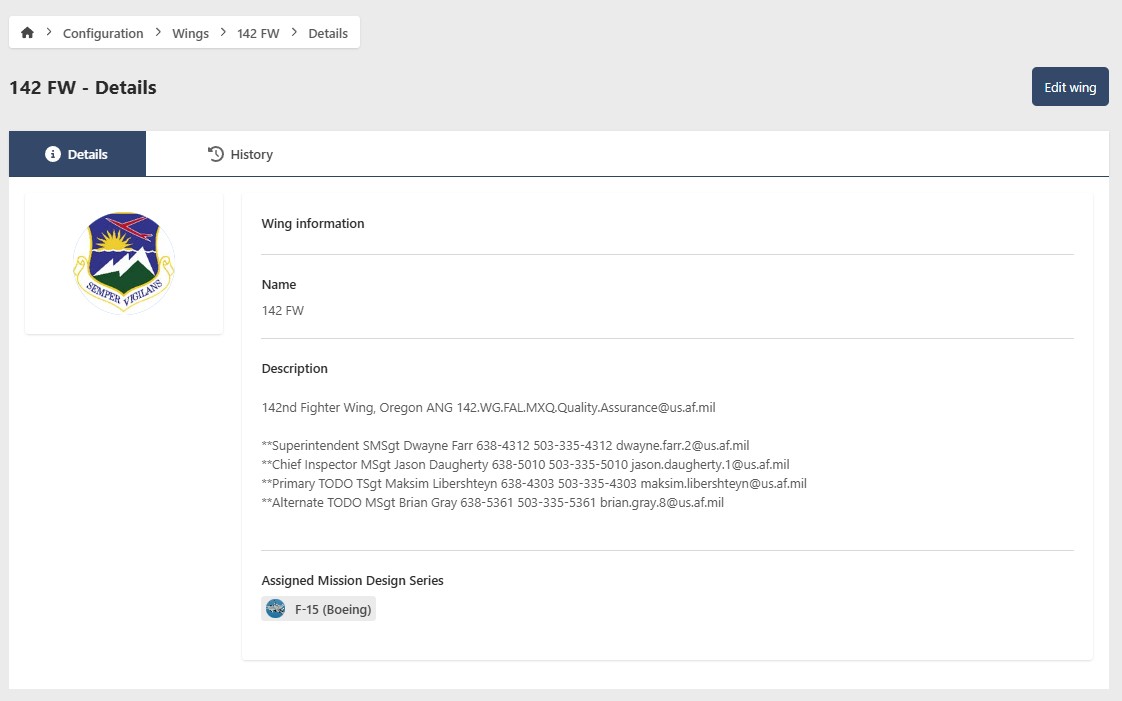 Wing Details Page