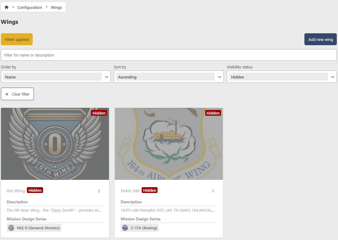 Wing Filter Controls