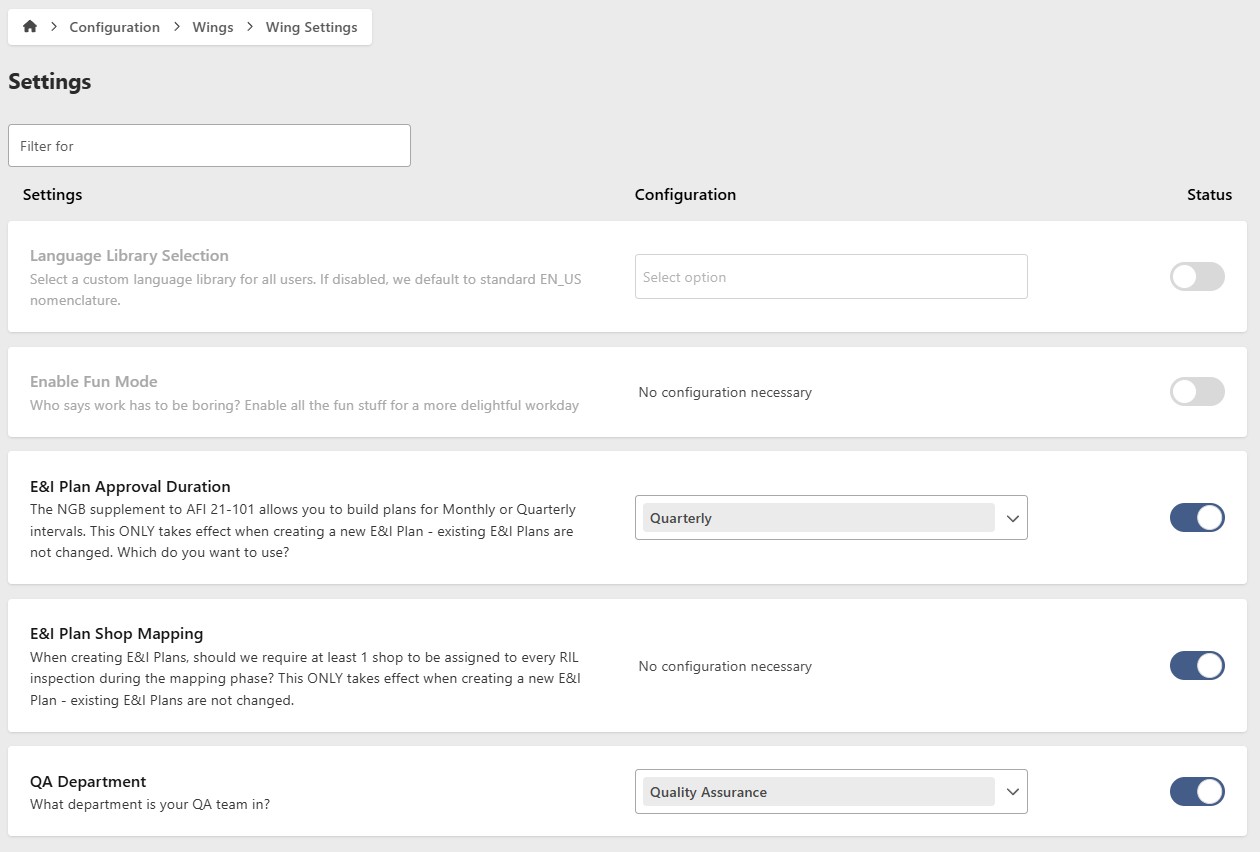 Review Wing Configuration settings