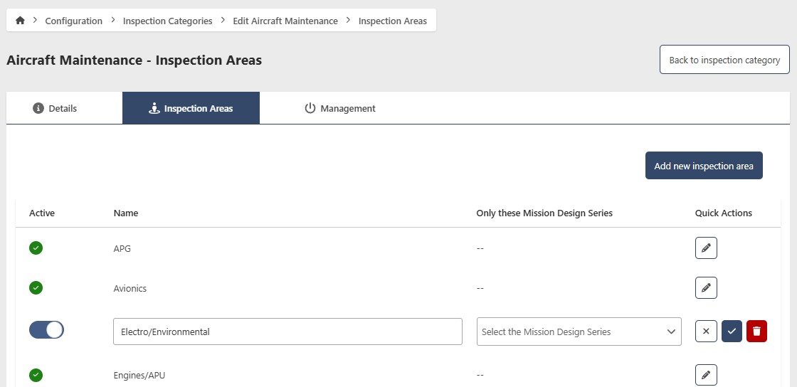 Inspection Area Configuration Page