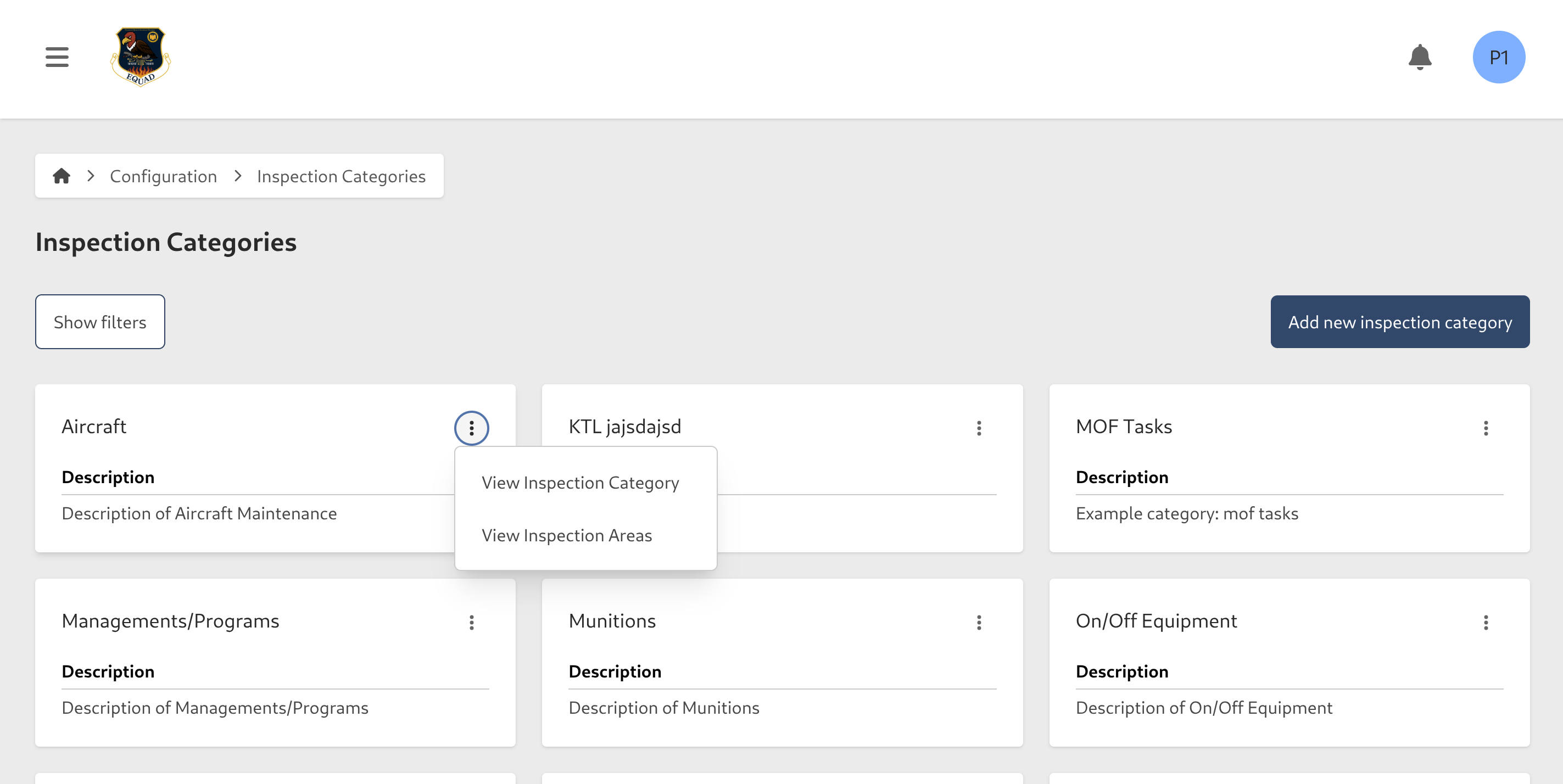 Inspection Category Contextual Menu
