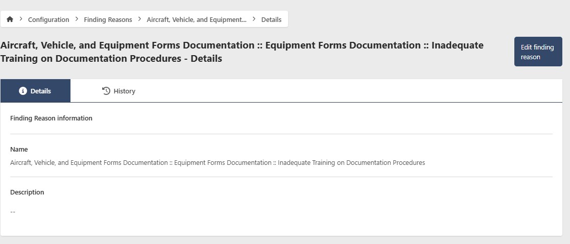 Finding Reason Details Page