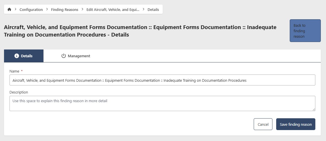 Finding Reason Edit Page