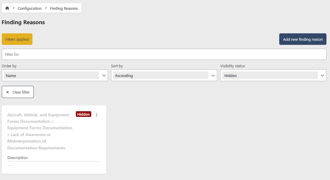 Finding Reason Filter Controls