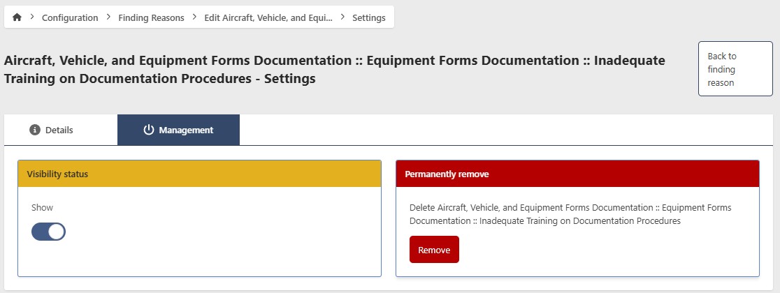 Finding Reason Management Page