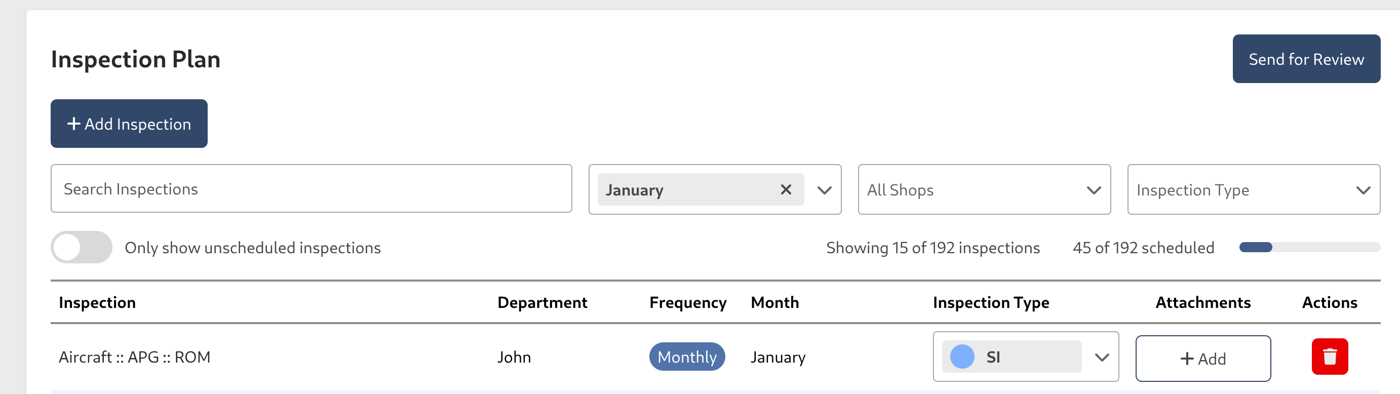 deleting one inspection plan task