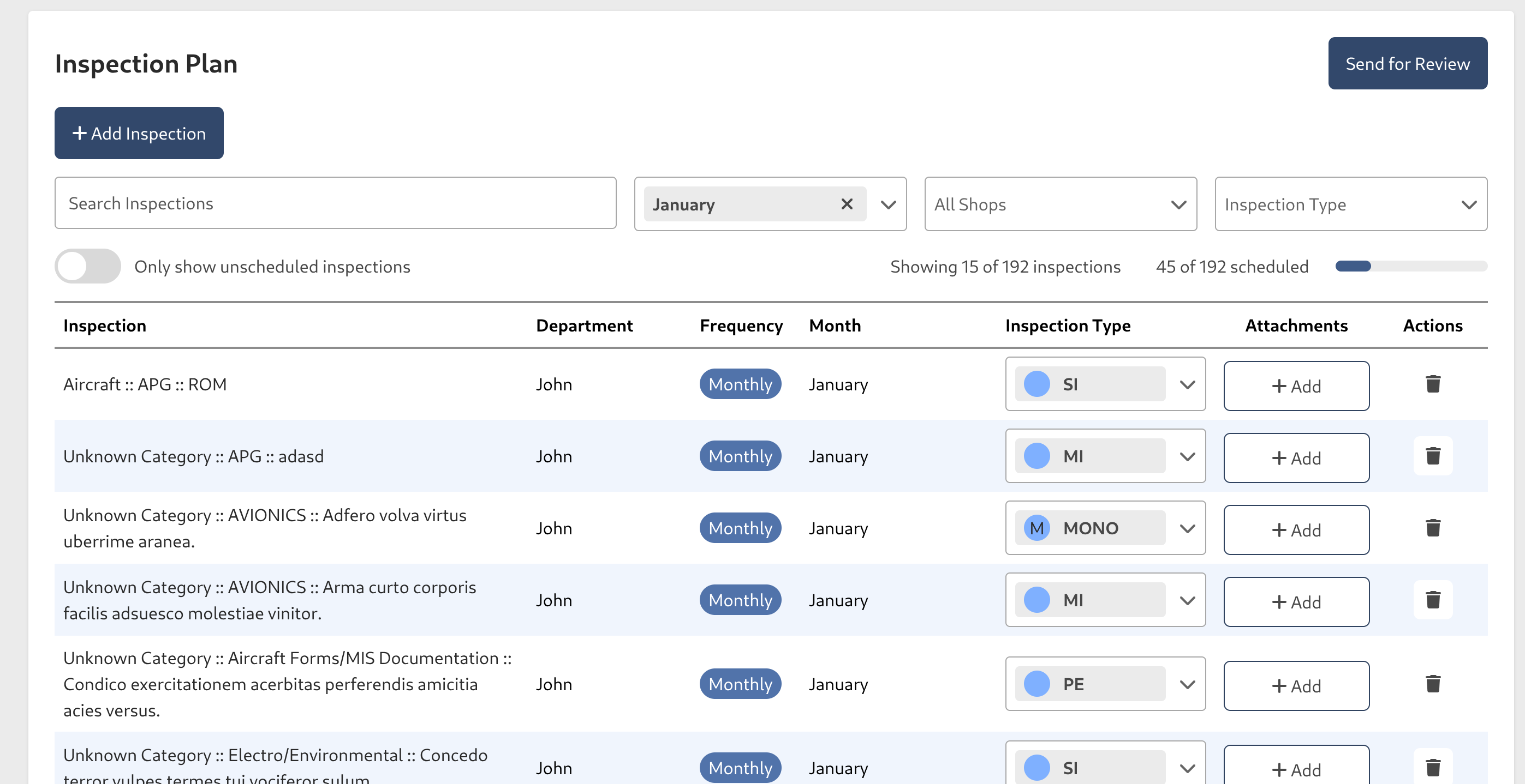Inspection Task filter by month