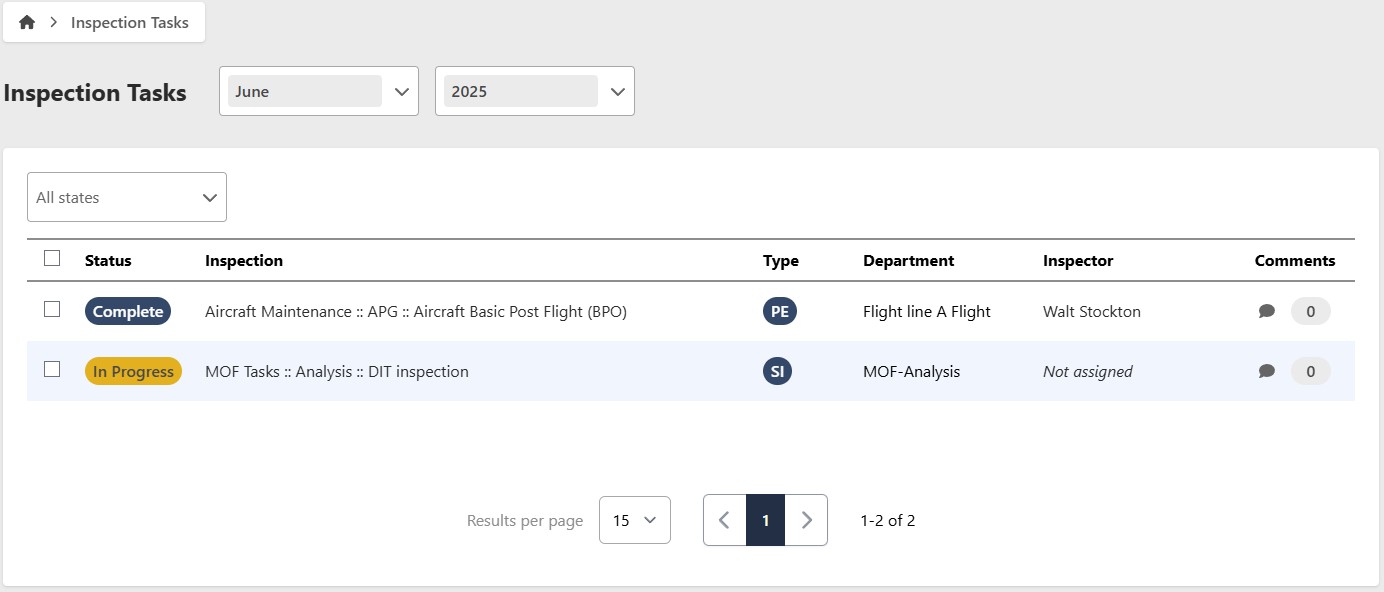 Inspection Plan Task Completed
