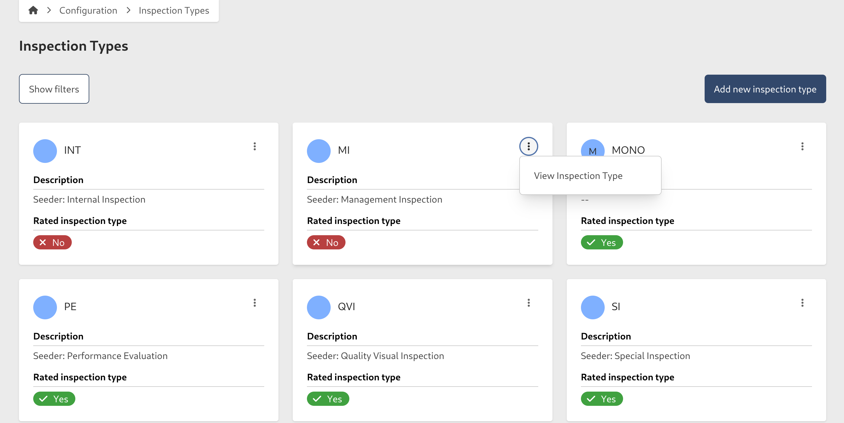 Inspection Type Contextual Menu