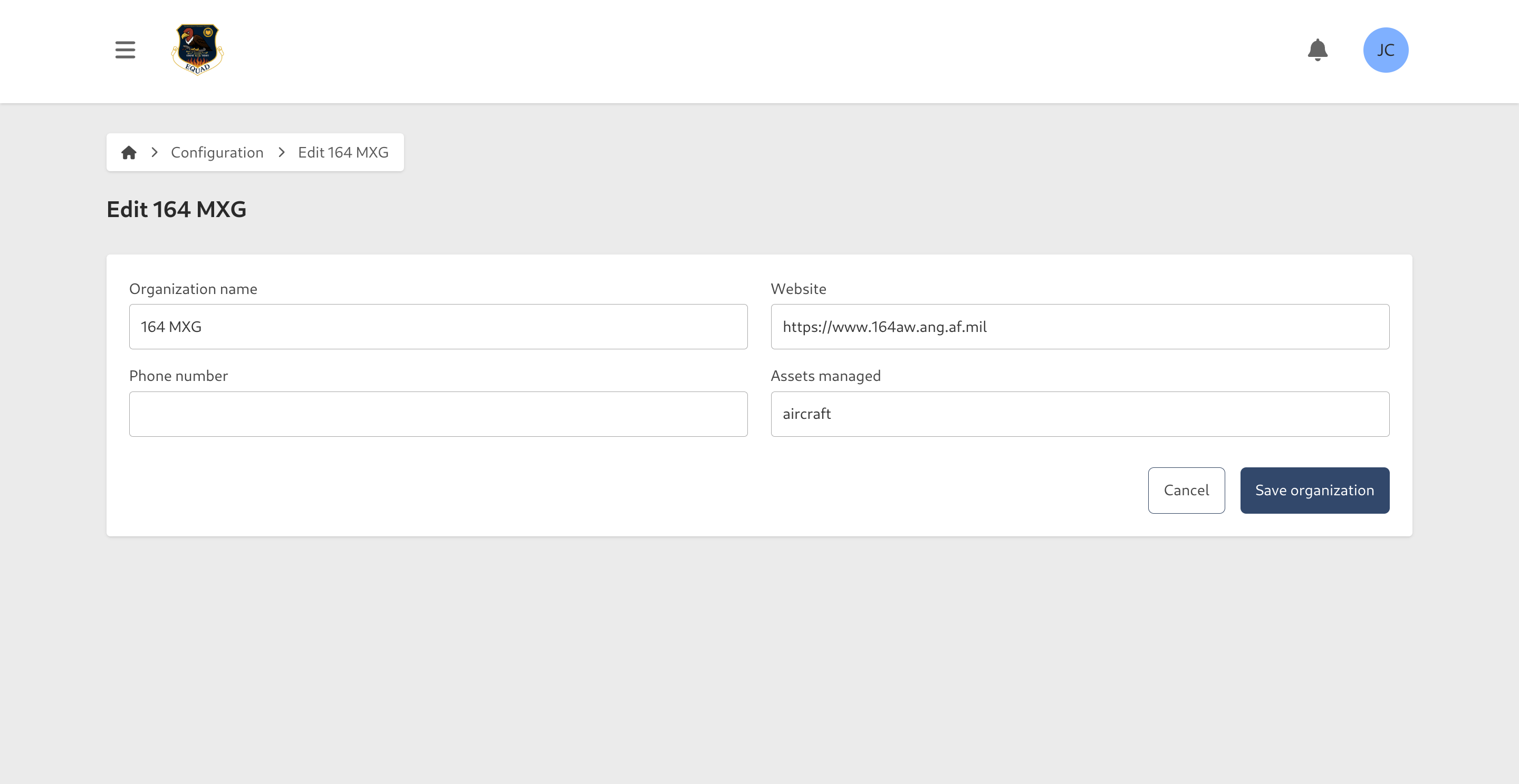 Organization Configuration Page