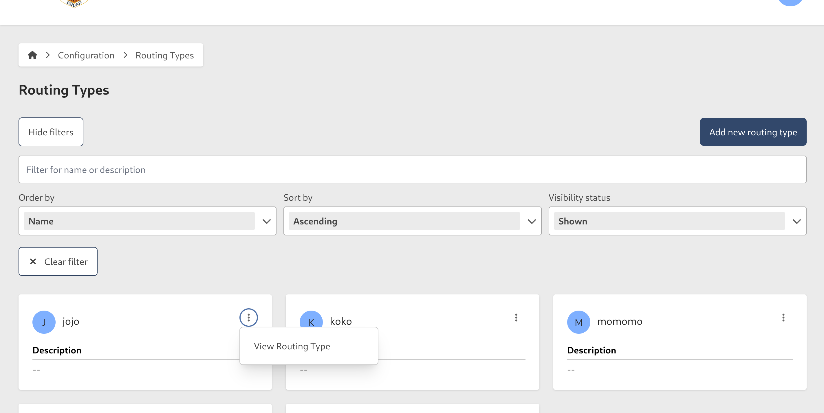 Routing Type Contextual Menu