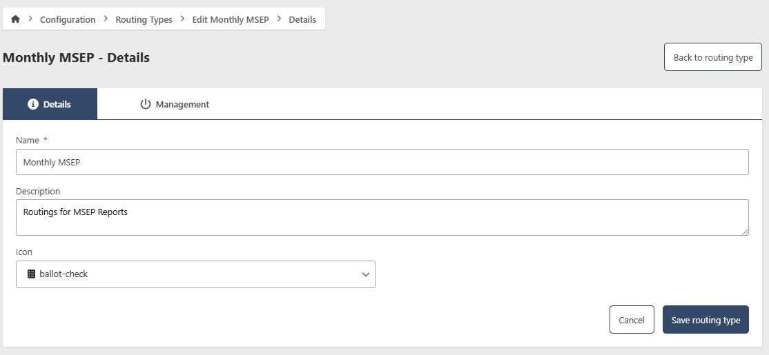Routing Type Edit Page