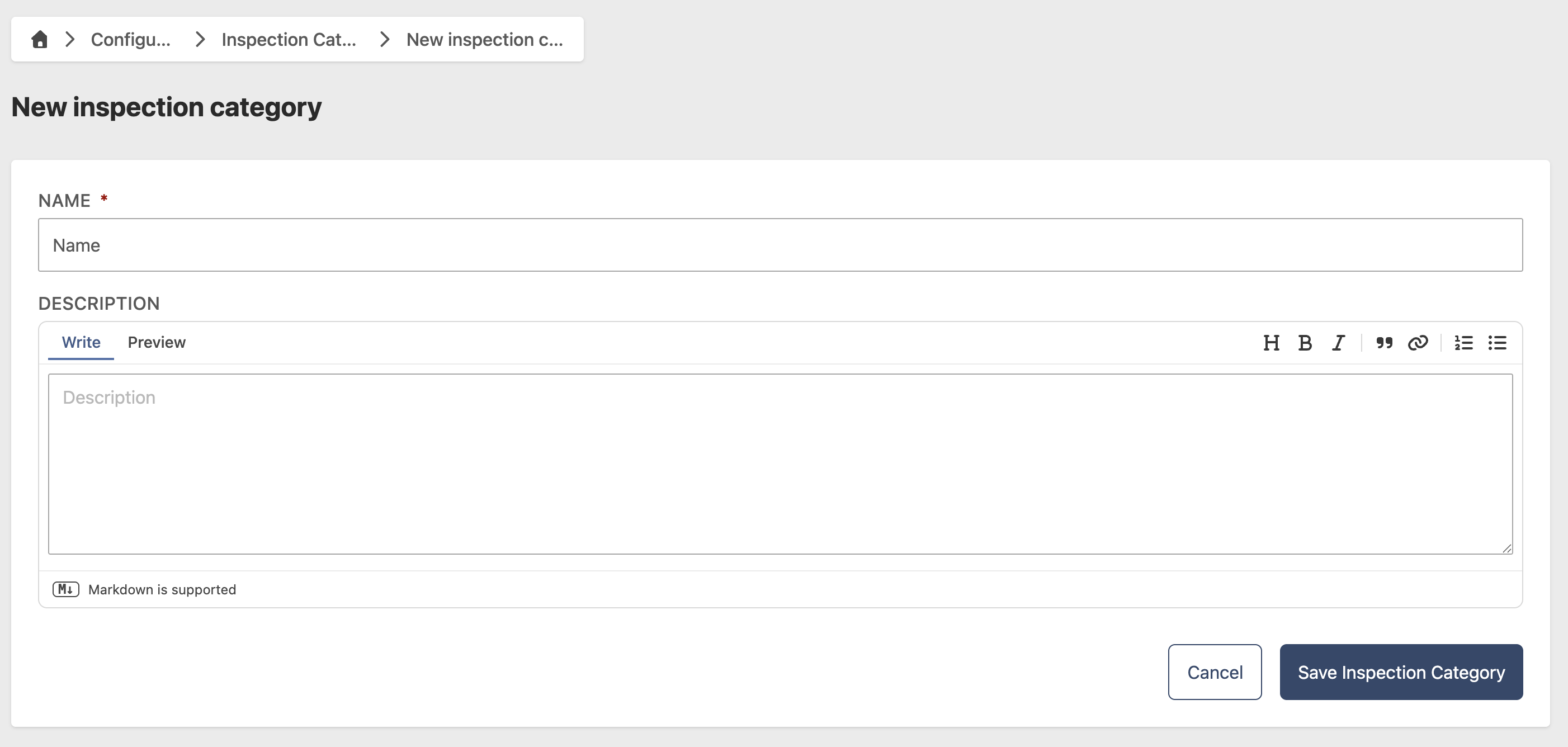 Inspection Category creation page