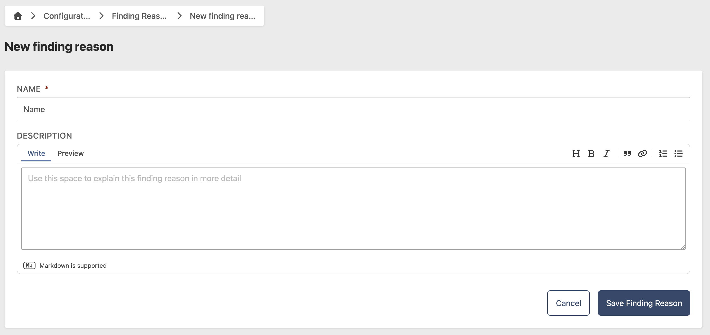 Finding Reason creation page