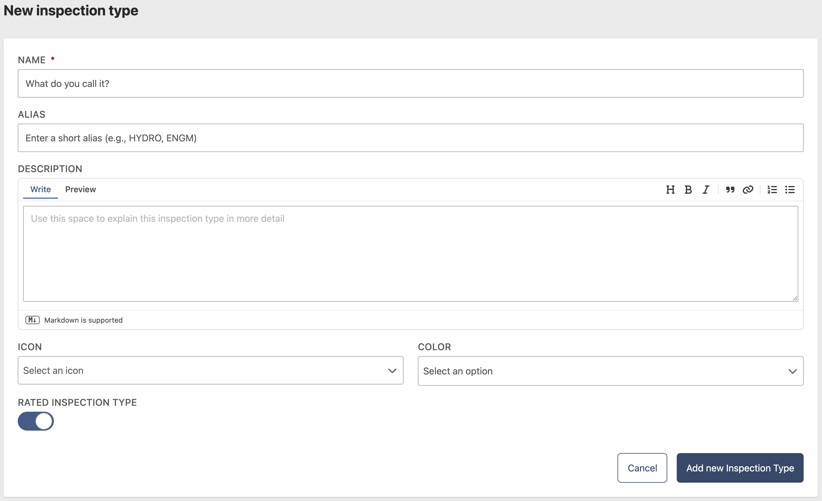 Inspection Type creation page
