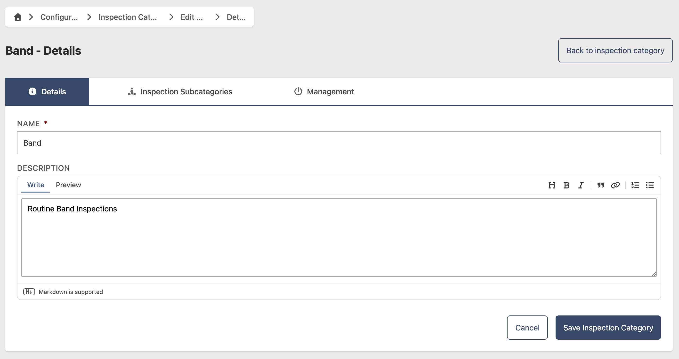Inspection Category edit page