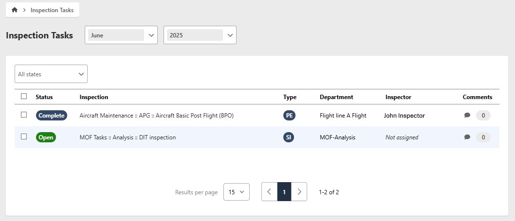 Inspection task listing