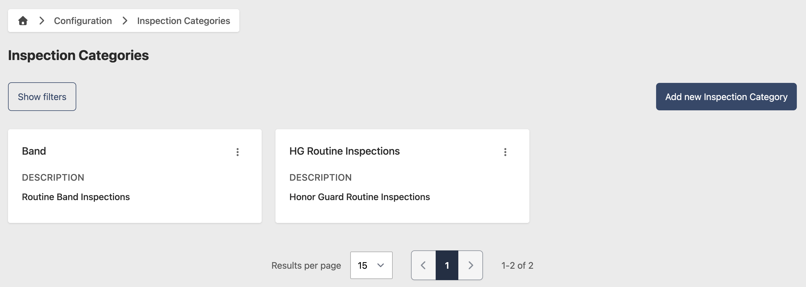 Inspection Category configuration page