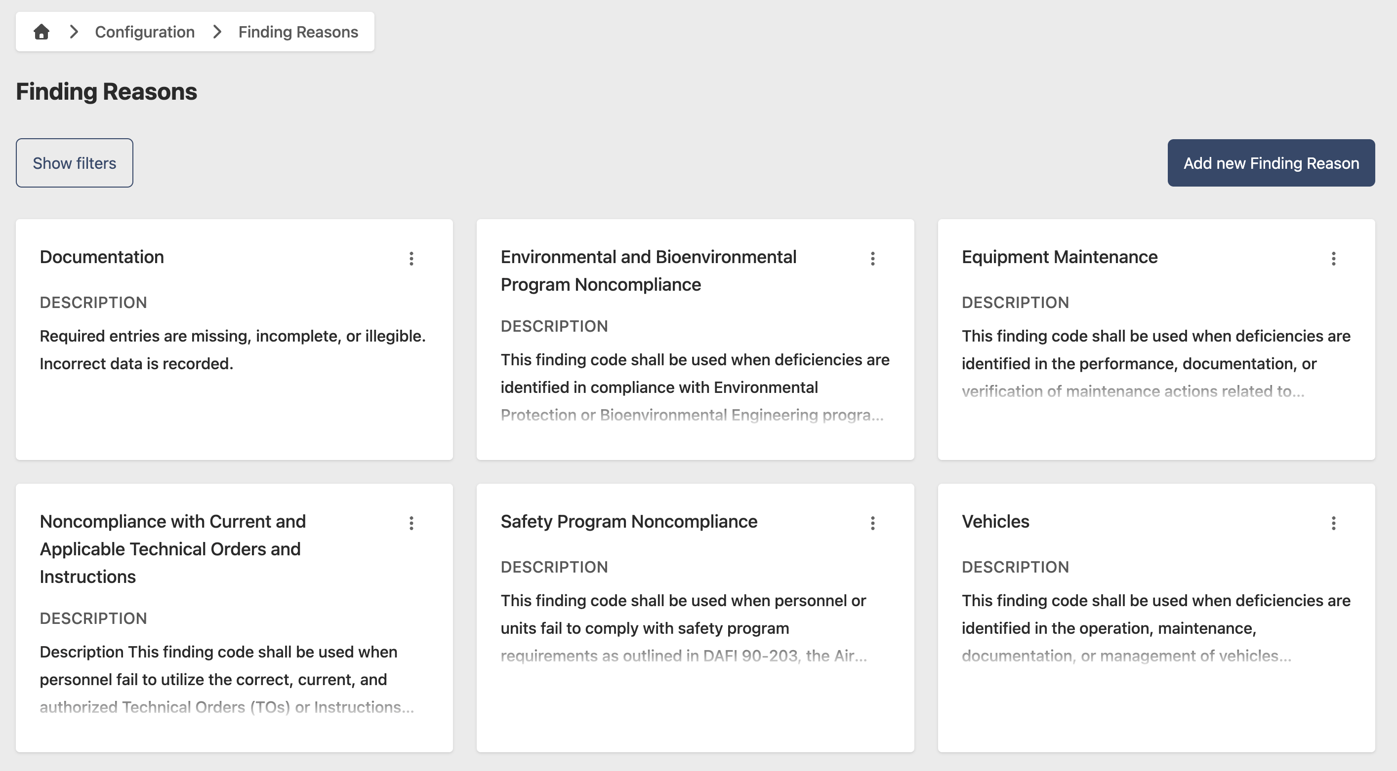 Finding Reason configuration page