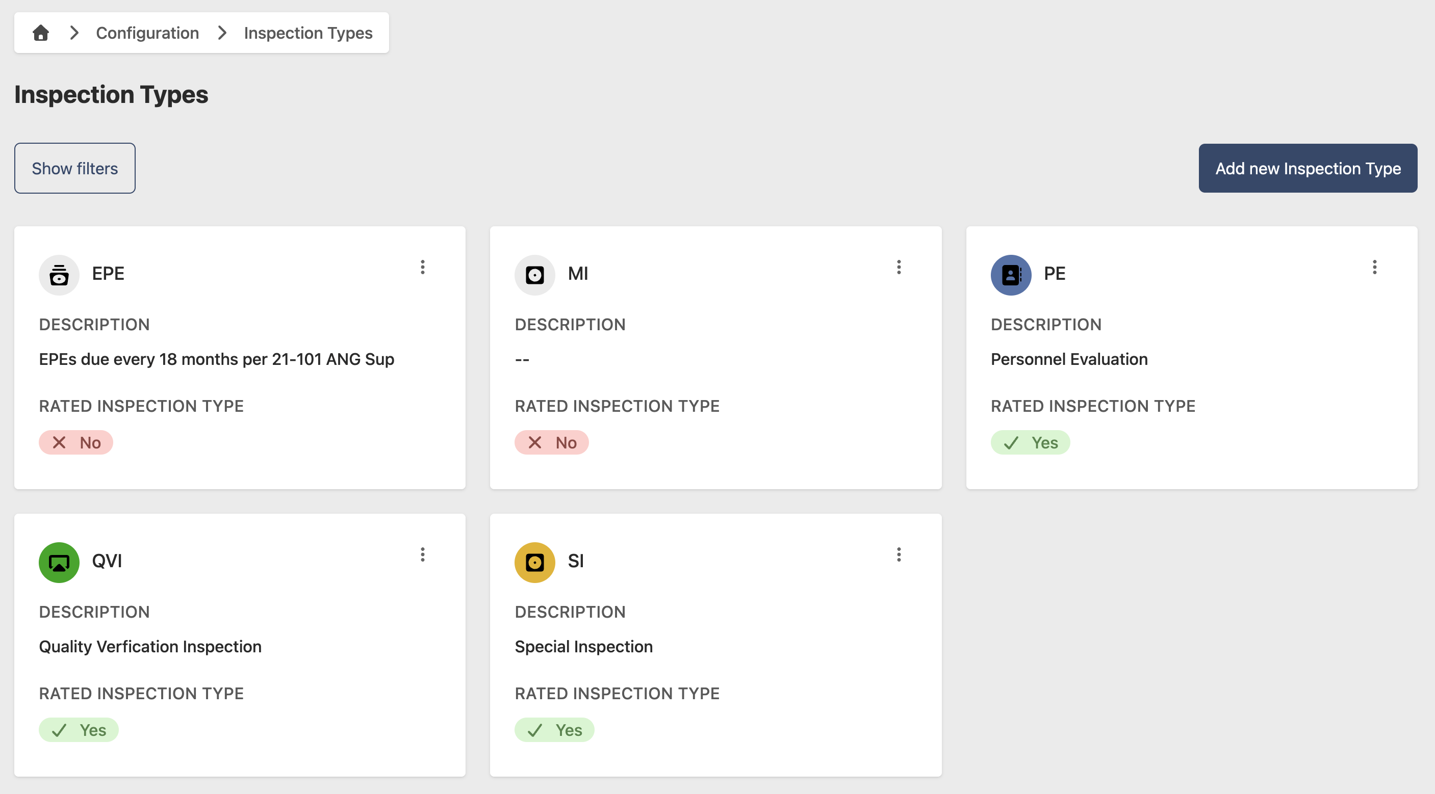 Inspection Type configuration page