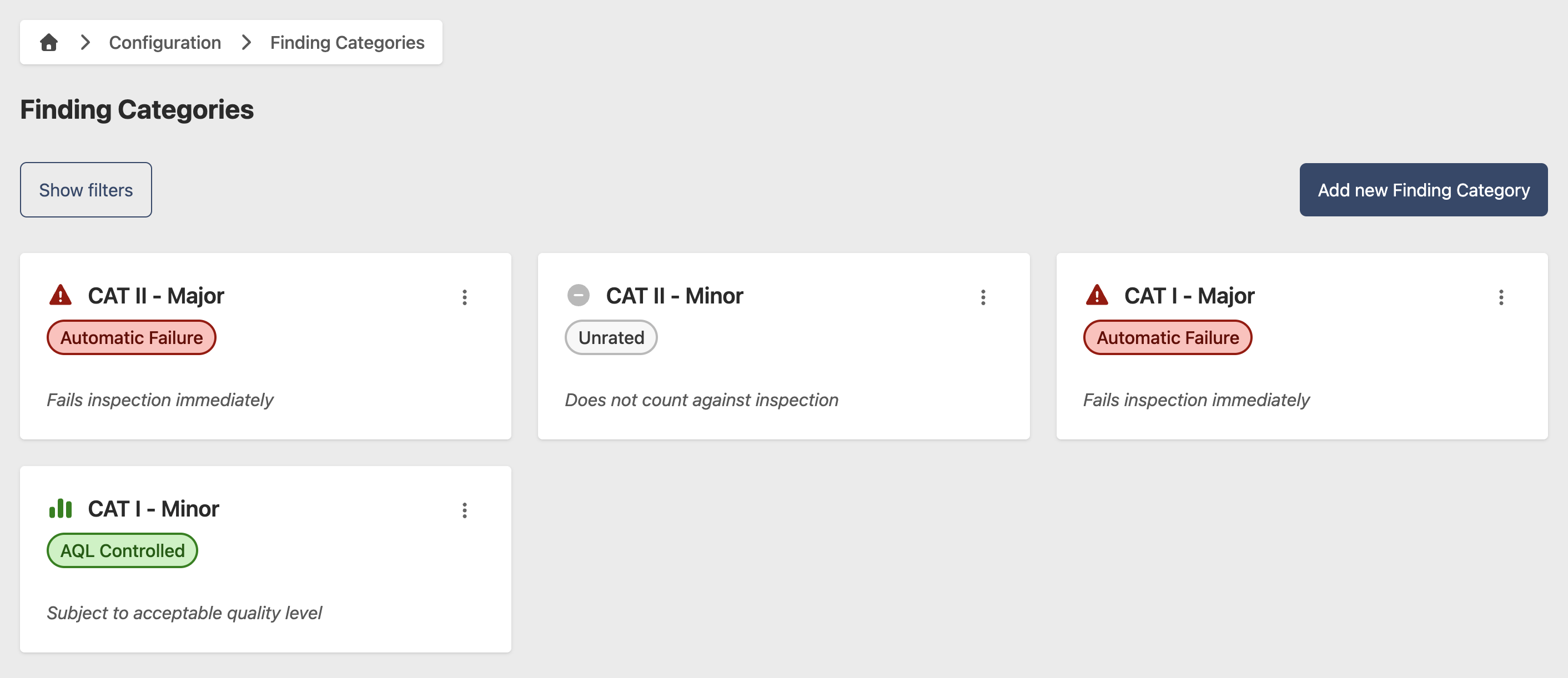 Finding Category configuration page