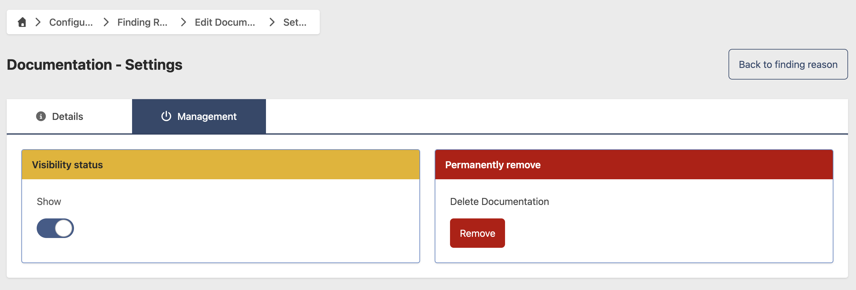 Finding Reason management tab