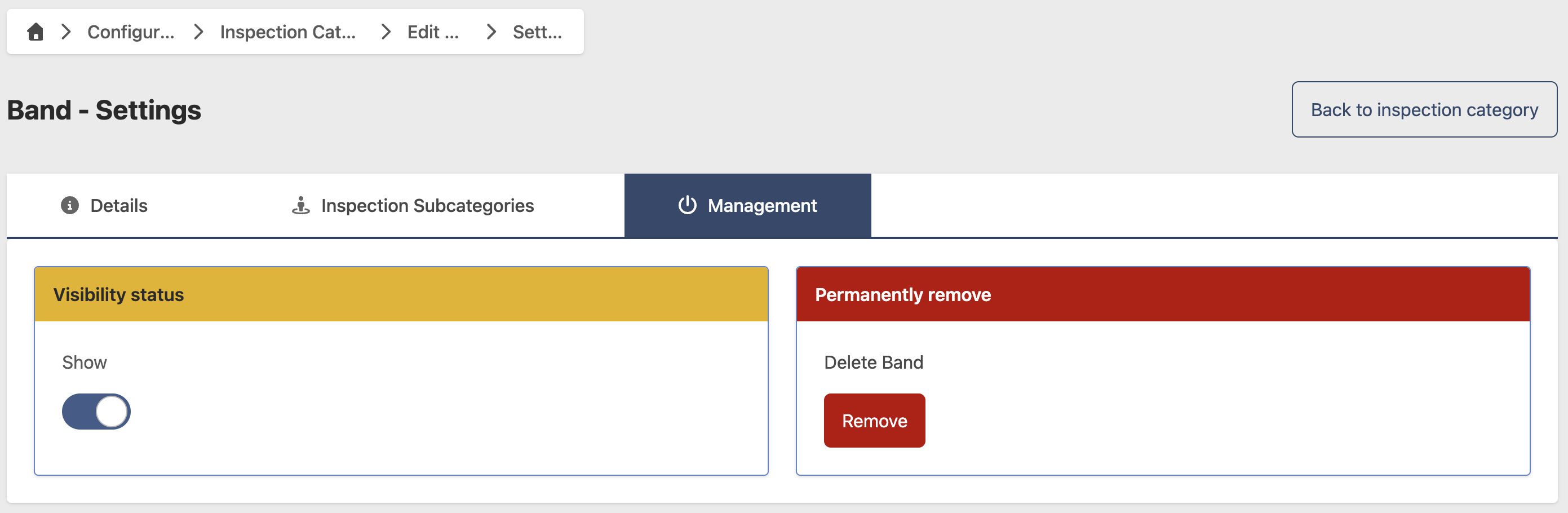 Inspection Category management tab