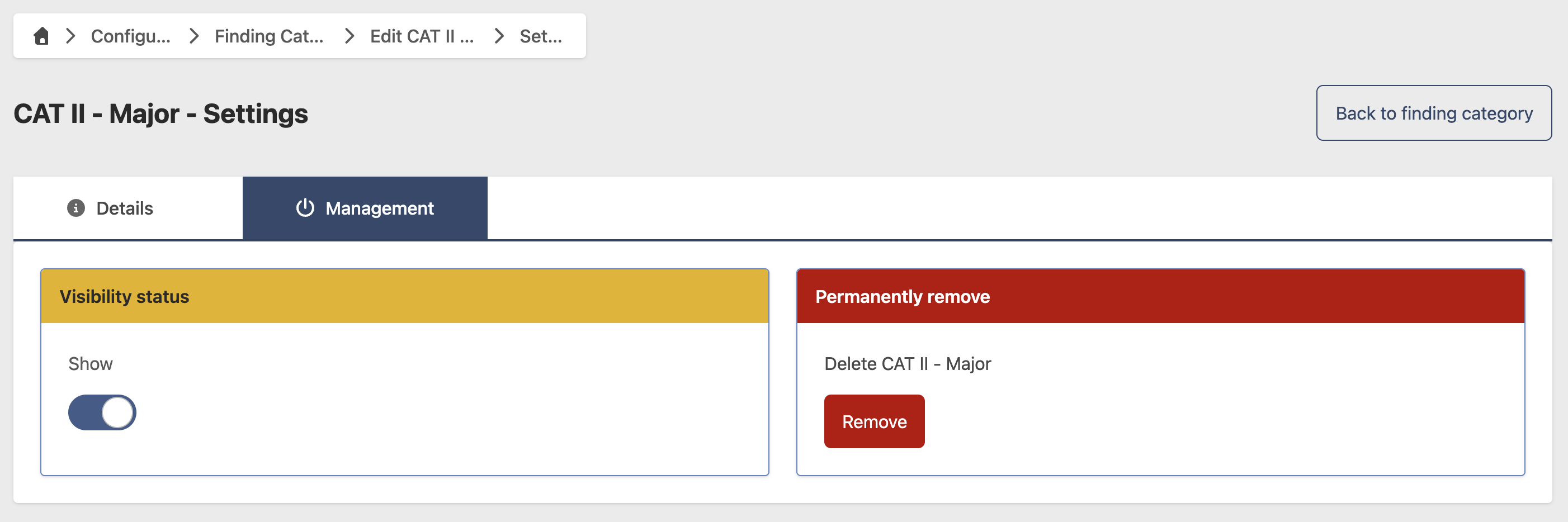 Finding Category management tab