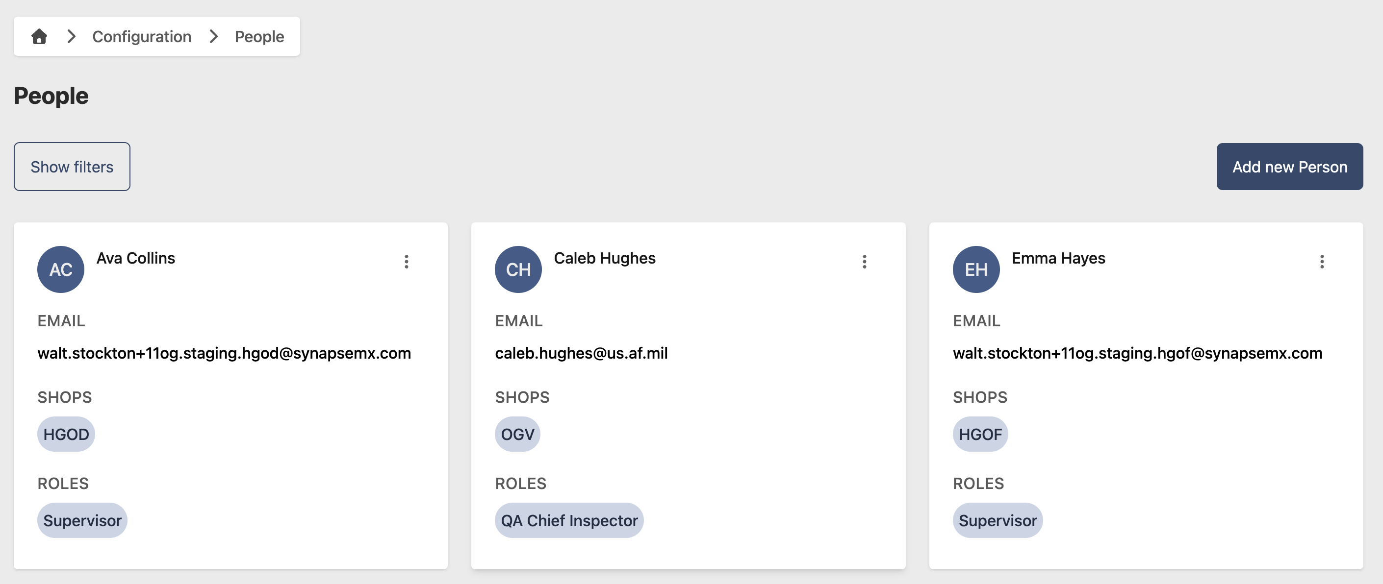 Person configuration page