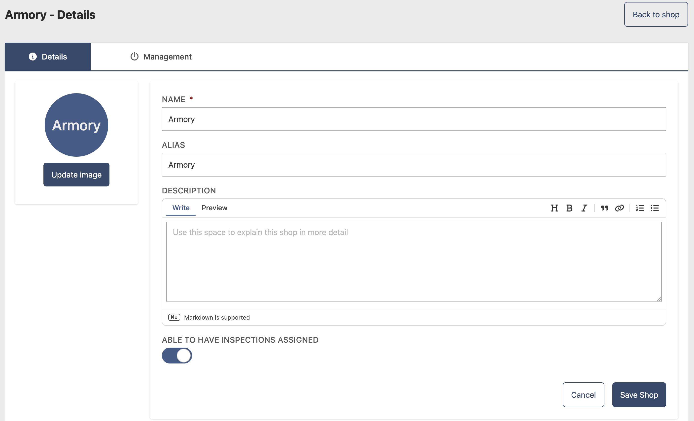 Shop edit page