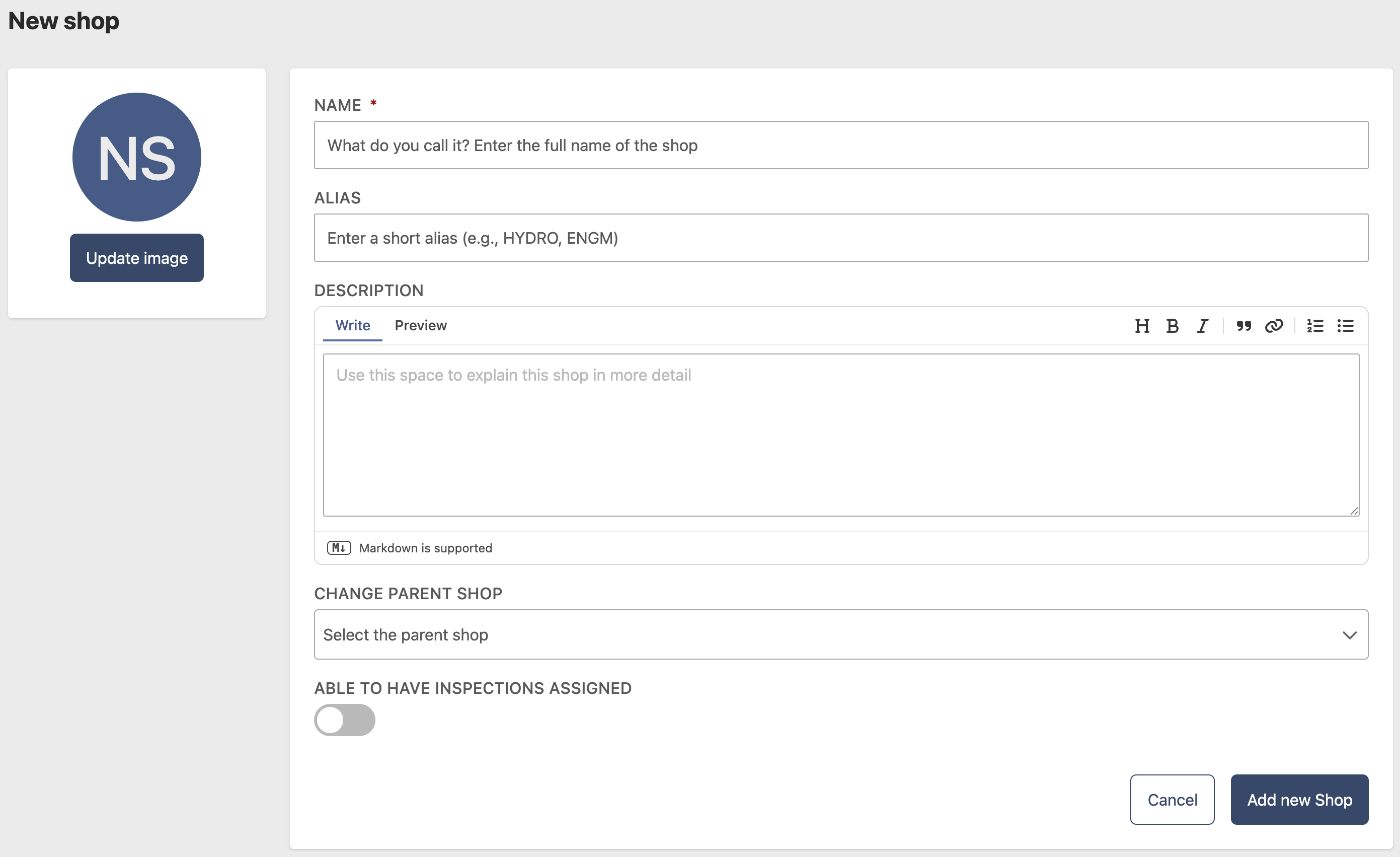 Shop configuration page