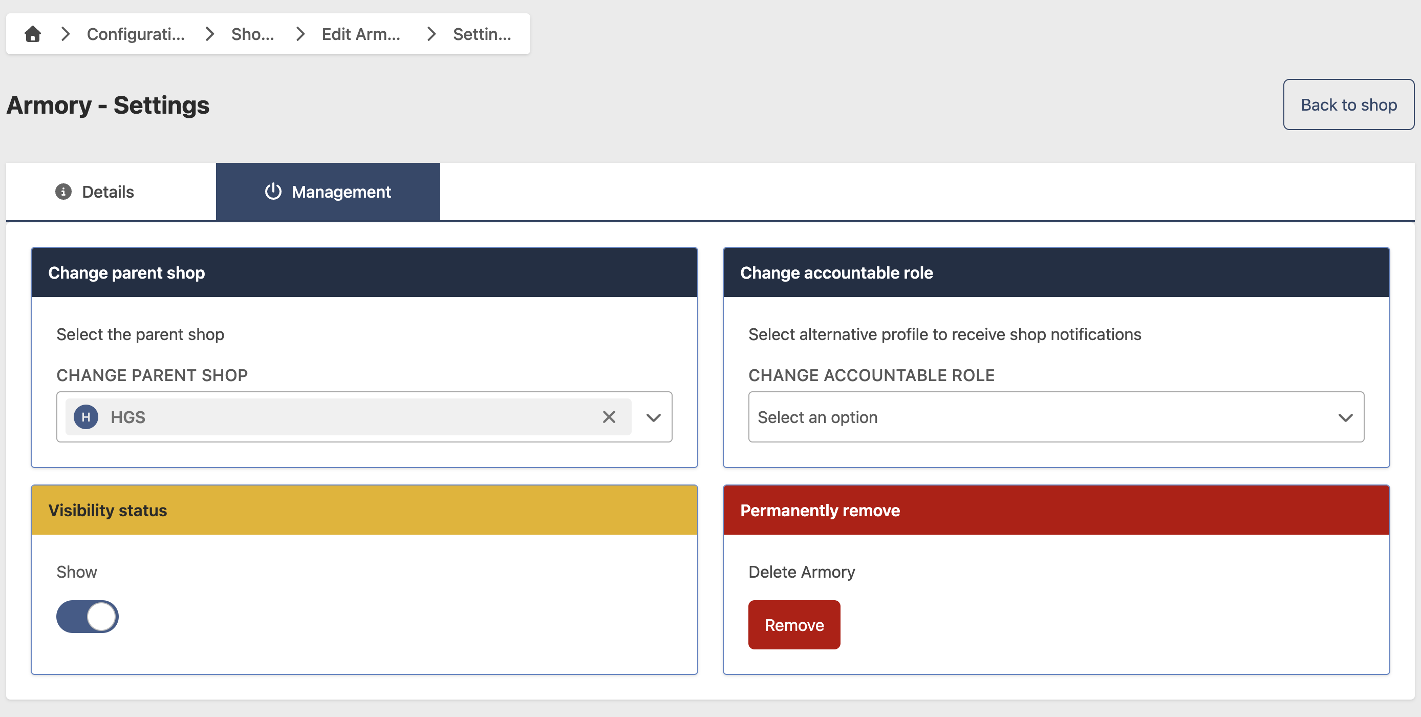 Shop management tab